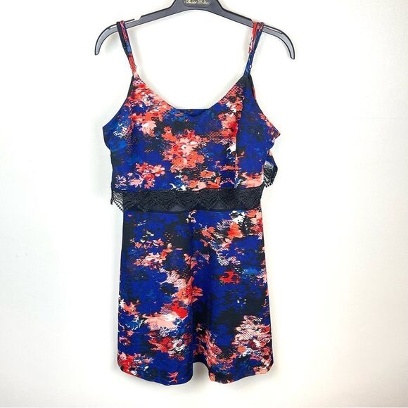 Material Girl Floral Print Spaghetti Strap Mesh & Lace Dress - Large NWT - Picture 2 of 5